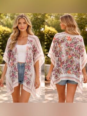 Boho Floral Sheer Kimono Wrap Lightweight Duster Cover Up One Size